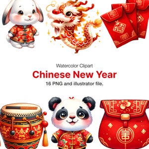 16 Watercolor Chinese New Year Clipart, Chinese New Year Illustrations, Instant Download For Commercial Use