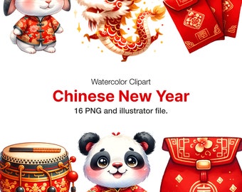 Watercolor Chinese New Year Clipart: 16 PNG Illustrations (Commercial Use)