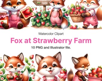Watercolor Fox Strawberry Farm Clipart: 10 PNG Illustrations (Commercial Use)