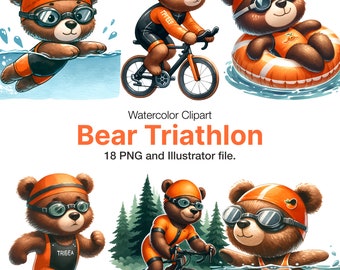 Bear Triathlon watercolor clipart, Bear decor, Bear wall art, triathlon, mountain, swimming, bicycle, cute bear animals png