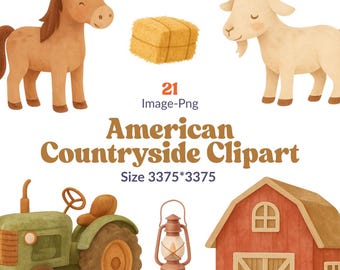 American Countryside Clipart Bundle: Farm Animals, Tractor, Barn (PNG Files 3375x3375)