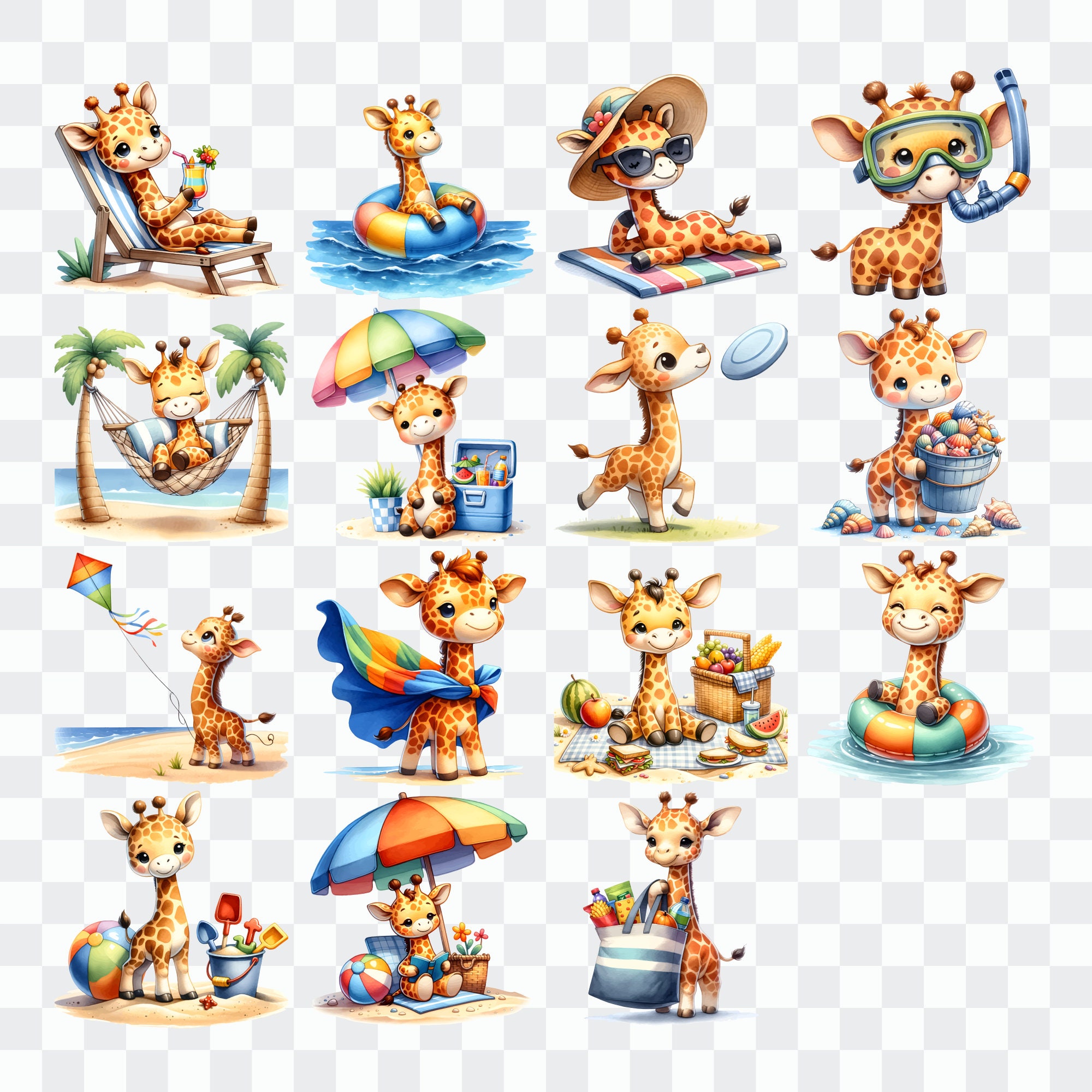 15 Watercolor Giraffe at the Beach Clipart, Giraffe at the Beach ...