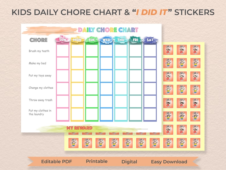 Kids Chore Chart Stickers Editable Kids Chore Chart Printable Chore ...