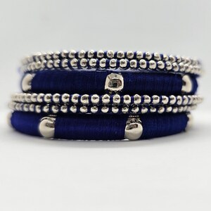 Boho Bangle Stack – Cobalt Blue Thread Wrapped Bangles – Silver Bead Bracelet Set