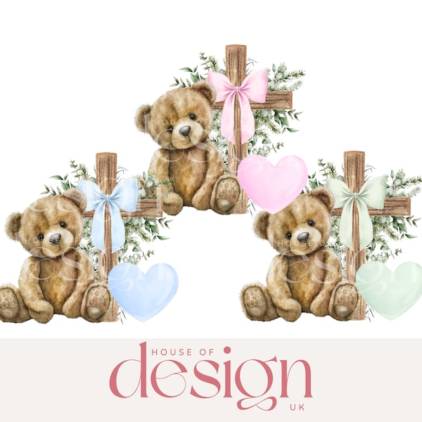 Set of 3 - Teddy Bear Cross - Christening - PNG File - Sublimation - UV/DTF - Digital Download