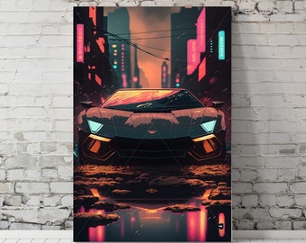 Neon Cityscape Lamborghini, Lamborghini, Lambo Wall Art, Car Digital Download, Lamborghini Digital Download, Fast and Furious, Lambo