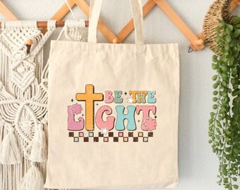 Be the Light Tote Bag - Vintage-Inspired Cotton Canvas for Shopping & Errands, Unique Faith-Based Gift with Cross