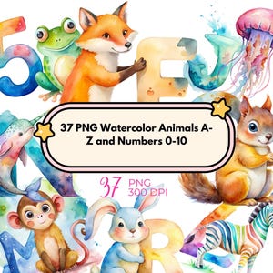 37 PNG Watercolor Animals A-Z and Numbers 0-10 | Cute High-Resolution 3000x3000px | Perfect for Shirts, Stickers,Instant Download