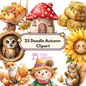 Autumn Baby Doodle Clipart Set | Cute Nursery Animal Art | Fall Watercolor Thanksgiving PNG | Newborn Kid Illustrations