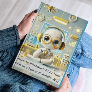 Könnte beinhalten: Ein Buch mit dem Titel "How to Introduce AI to Your Kids in a Fun and Simple Way" von Taha Baba. Das Cover zeigt einen Comic-Roboter mit Kopfhörern und einem Laborkittel vor einem blau-gelben Hintergrund.