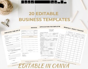 20 Business Templates Bundle-Pack 1 I Bearbeitbare Canva-Vorlage I Rechnung I Bewerbung für eine Einstellung I Stellenwert I Geschäftsformulare
