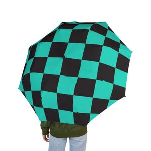 Modern Teal Black Checkered Umbrella  Wind Resistant Stylish Rain & Sun Parasol