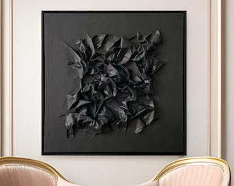 Arte de parede em gesso preto, pintura texturizada 3D feita à mão, tela de pintura abstrata, pintura preta grande, arte texturizada em tecido minimalista