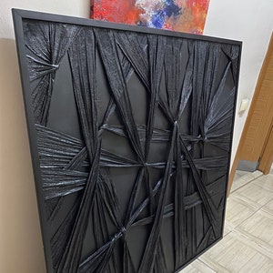 Peinture sculpture abstraite, toile texturée plâtre, peinture texturée minimaliste, tissu noir texturé, grande oeuvre d&#39;art murale en tissu plâtre