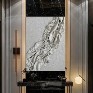 Tissu blanc original texturé, toile abstraite, grande oeuvre d&#39;art murale en tissu plâtre