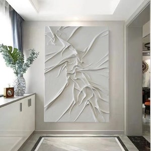Tissu blanc original texturé, grande oeuvre d&#39;art murale en tissu plâtre, peinture abstraite blanche, peinture abstraite de texture 3D, peinture abstraite