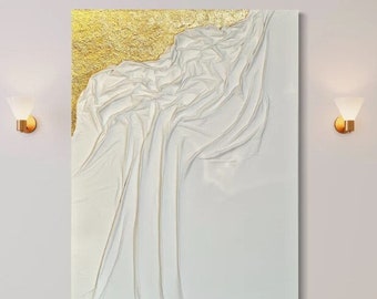 Original White Fabric Textured, Abstract Canvas Painting, Large Plaster Fabric Wall Art, White and Gold 3D Textured Art