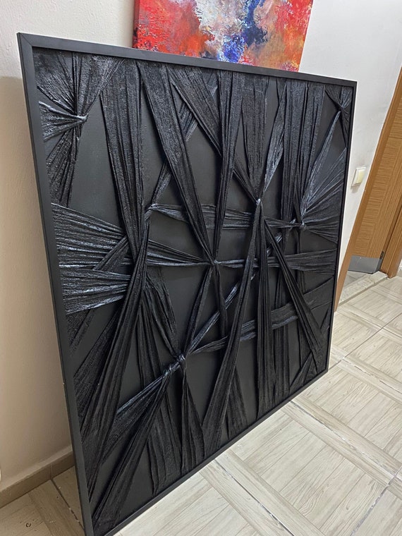 Abstract Sculpture Painting,Plaster Textured Canvas,Minimalist Textured Painting,Black Fabric Textured,Large Plaster Fabric Wall Art