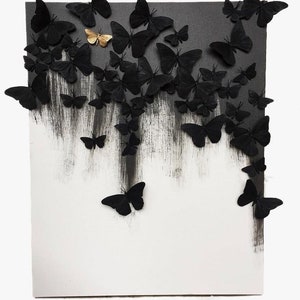 Black Textured Painting,Black Plaster Wall Art,Original White 3D Textured, Abstract Canvas Painting, Large Plaster Butterflay Wall Art image 2