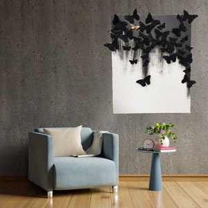 Black Textured Painting,Black Plaster Wall Art,Original White 3D Textured, Abstract Canvas Painting, Large Plaster Butterflay Wall Art image 3