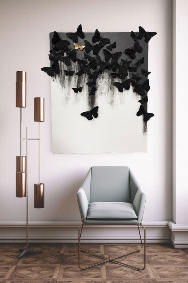 Black Textured Painting,Black Plaster Wall Art,Original White 3D Textured, Abstract Canvas Painting, Large Plaster Butterflay Wall Art image 1