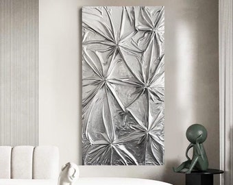 Silver Plaster Wall Art,Fabric Textured Painting, 3D Textured Fabric Wall Art, Abstract Wall Art,Abstract Sculpture Painting, Abstract art