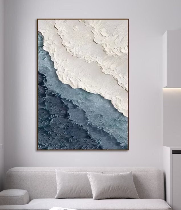 Large Textured Wall Art,blue and White Textured Art,abstract Sea Wave ...