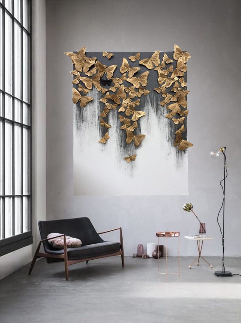 Black Textured Painting,Black Plaster Wall Art,Original White 3D Textured, Abstract Canvas Painting, Large Plaster Butterflay Wall Art image 6