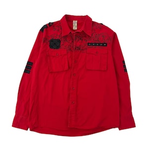 Vintage DJ Mark Premium Edition Red Black Long Sleeve Button Up Shirt Size XL, Y2K Gothic Streetwear, Embroidered Patch Shirt
