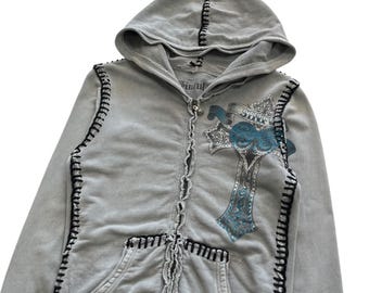 Sinful Cross Wing Rhinestone Grunge Cyber Y2K Style Zip up Hoodie
