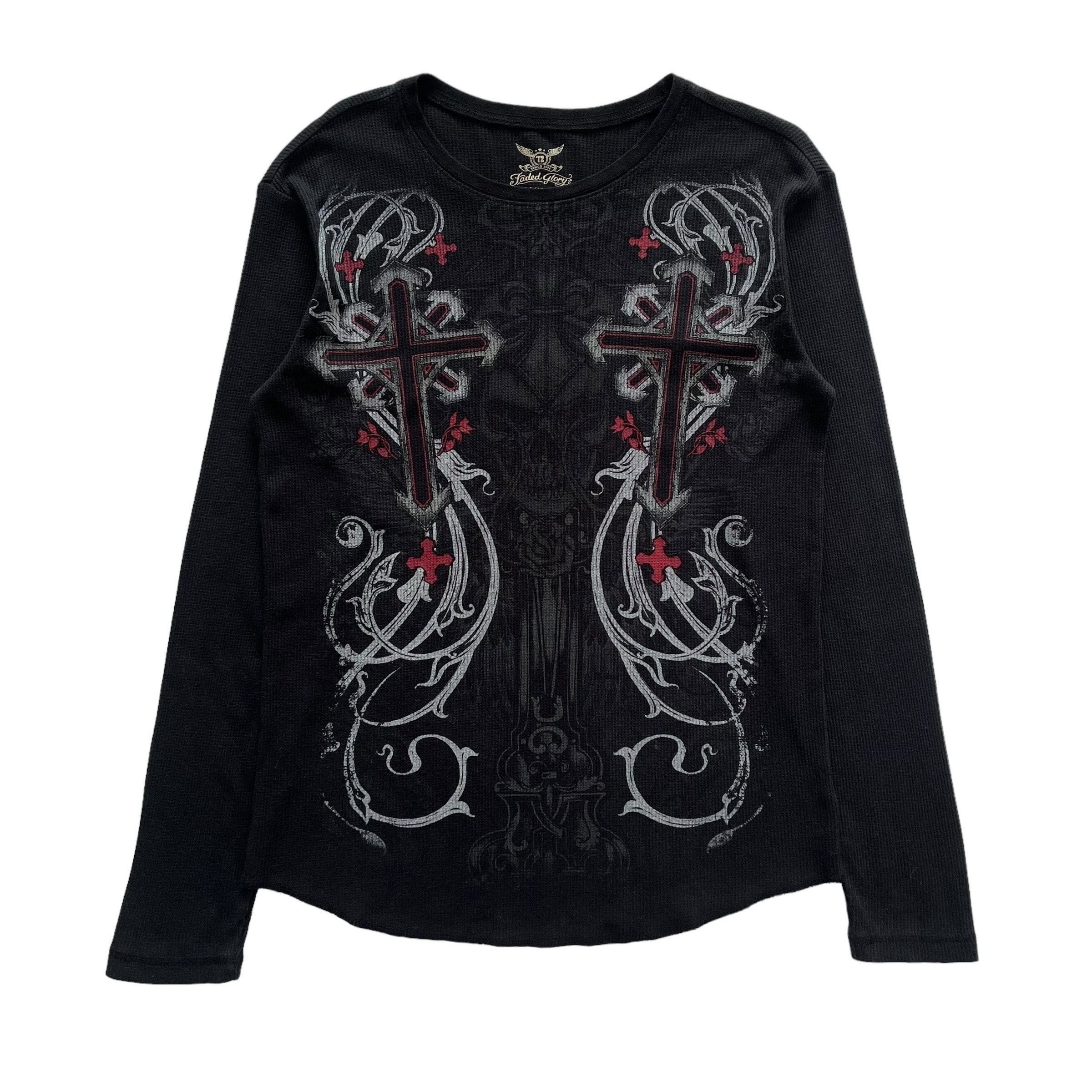 Faded Glory Skull Cross Grunge Cyber Y2K Thermal Style Long Sleeve Etsy