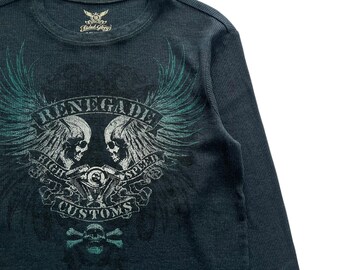 Faded Glory Skull Wing Grunge Cyber Y2K Thermal Style Long Sleeve