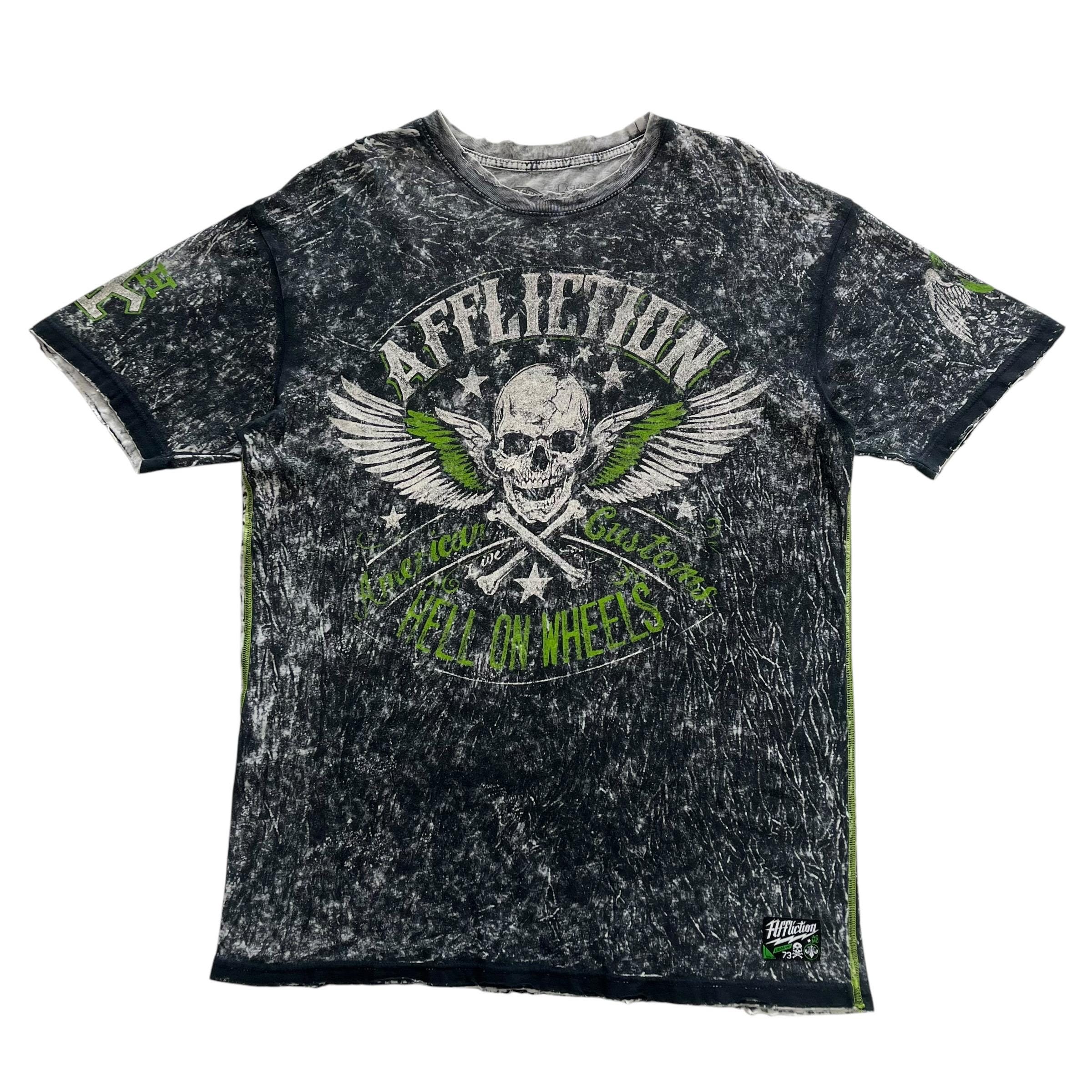 激レア　Afflictionコラボ Tシャツ　ダメージ加工 Y2K Mサイズ Affliction American Customs Hell on Wheels Grunge Cyber Y2K Style