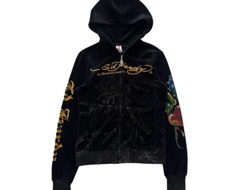 Felpa con cappuccio vintage Ed Hardy in velluto con strass e zip Grunge Y2K