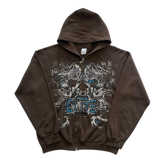 MMA Elite Skull Grunge Cyber Y2K Style Zip up Hoodie - Size L