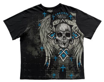 MMA Elite Skull Cross Wing Button Grunge Cyber Y2K Style T MMA Elite Skull Cross Wing Button Grunge Cyber Y2K Style T