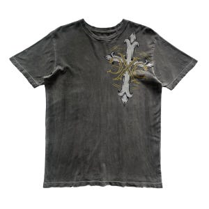 00s custom culture cross ロンT archive Y2K 2000s Top Womens Large Gray Black Embellished Cross