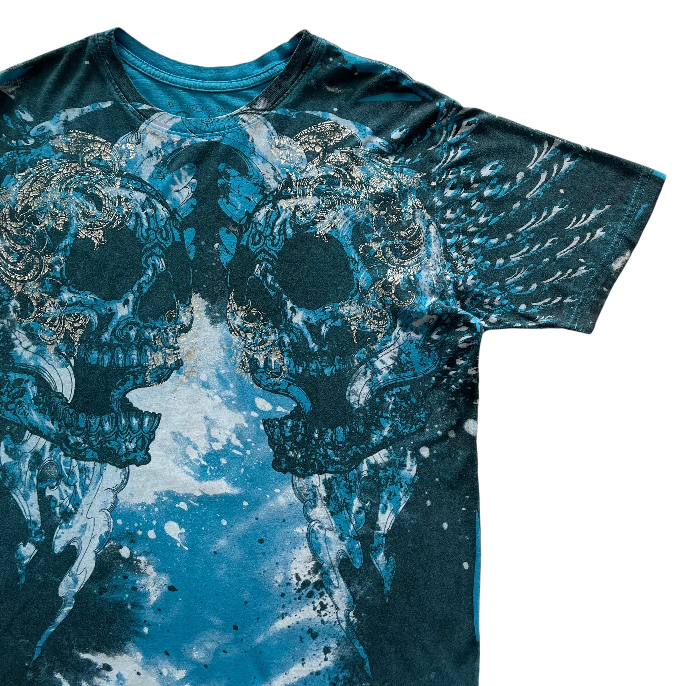 ✨USA製！Y2K！✨AFFLICTION Tシャツ M ダメージ加工 スカル Affliction T-shirt Cross All Over Print Graphic Cyber Y2K