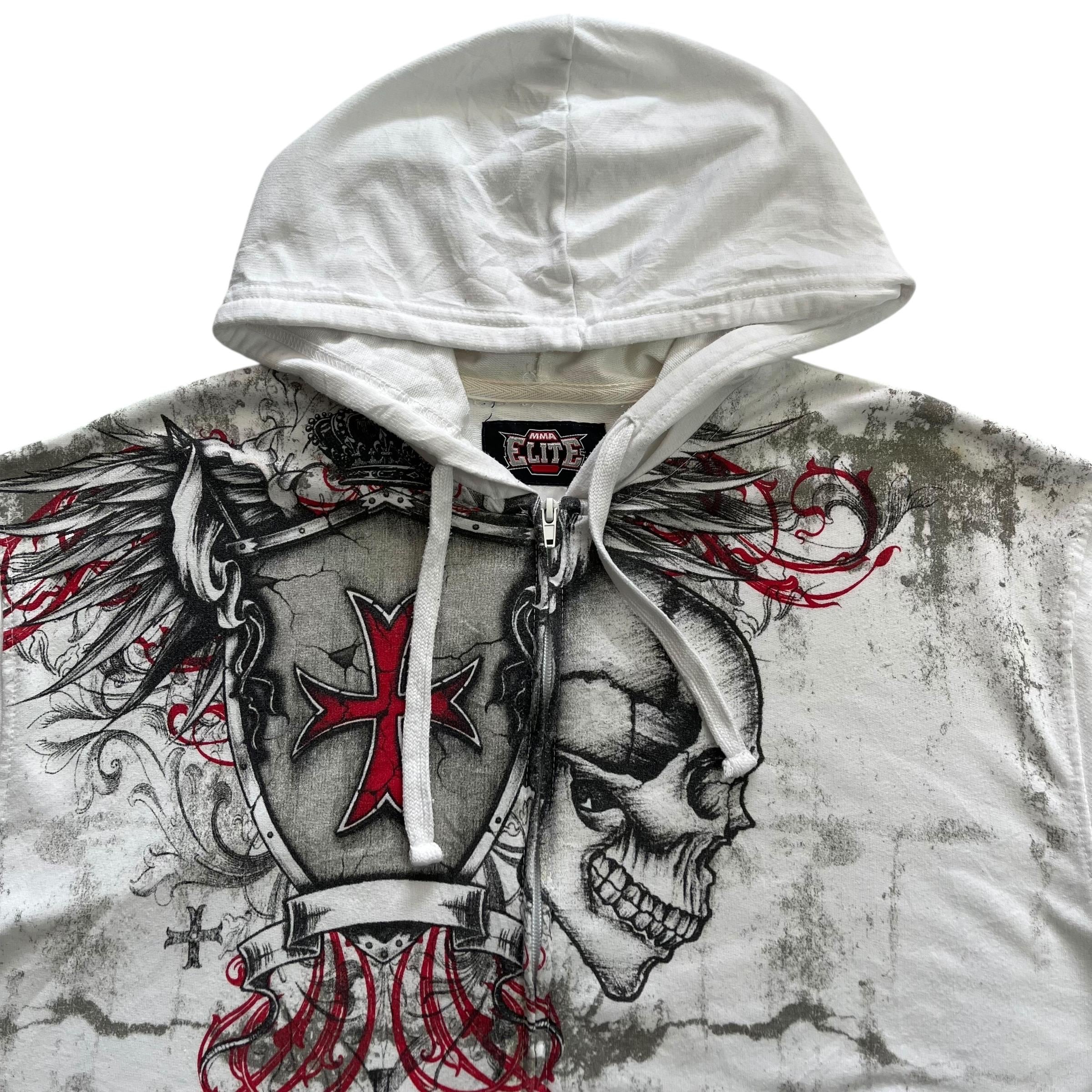 MMA Elite Skull Cross Grunge Cyber Y2K Style Zip up T-shirt Hoodie