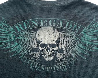 トップス Y2K 00s Henley L/S Grunge Faded Skull Faded Glory Skull Wing Grunge Cyber Y2K Thermal Style Long Sleeve