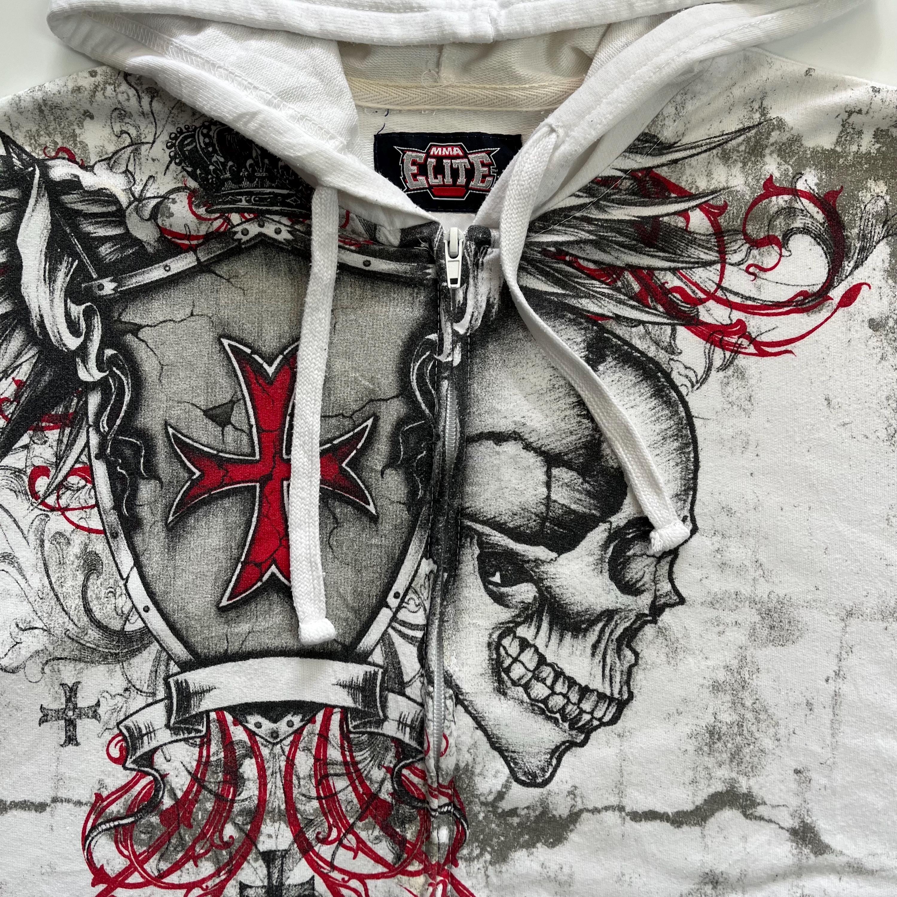 MMA Elite Skull Cross Grunge Cyber Y2K Style Zip up T-shirt Hoodie 