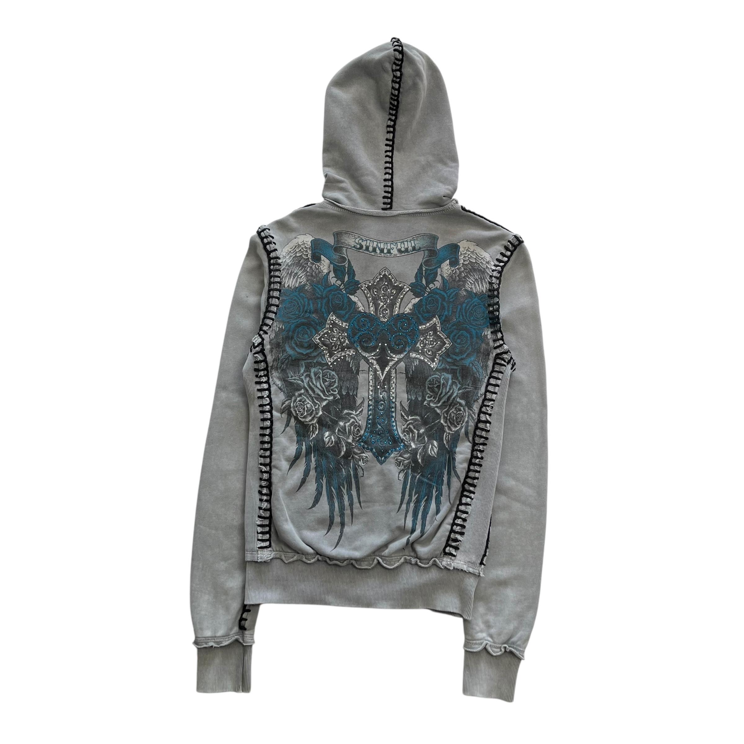 Sinful Cross Wing Rhinestone Grunge Cyber Y2K Style Zip up