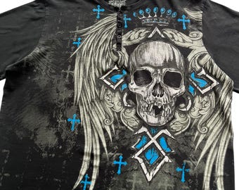 MMA Elite Skull Cross Wing Button Grunge Cyber Y2K Style T MMA Elite Skull Cross Wing Button Grunge Cyber Y2K Style T