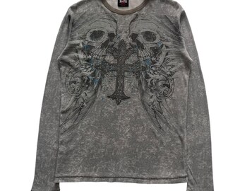 トップス skull cross print thermal l/s y2k grunge Skull Cross Grunge Cyber Y2K Thermal Style Long Sleeve - Etsy