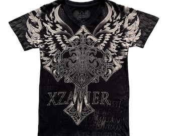 May include: Black t-shirt with a white graphic print of a cross with wings and the word "XZAIVER" underneath.