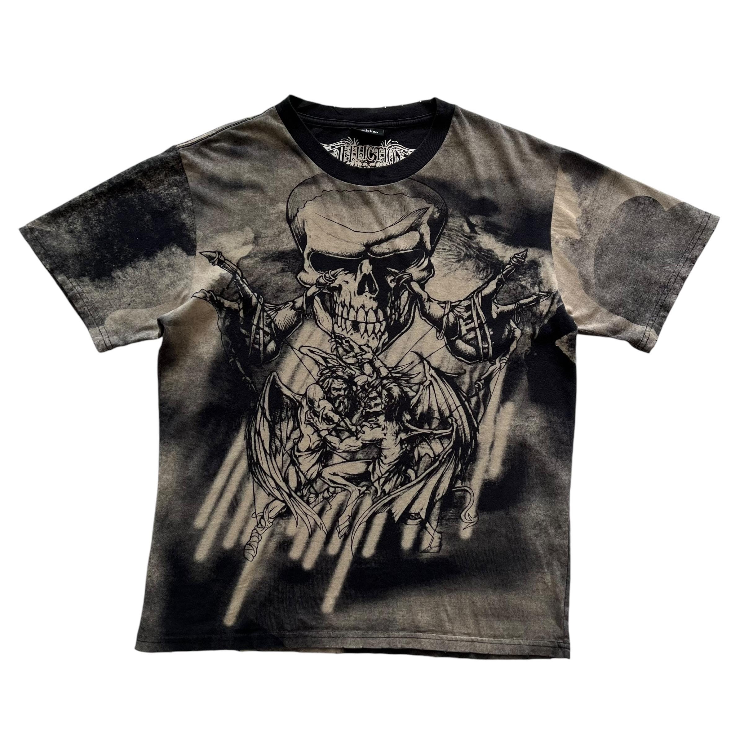 ✨USA製！Y2K！✨AFFLICTION Tシャツ M ダメージ加工 スカル Affliction スカルプリント Tシャツ ダメージ加工 USA製 - メルカリ
