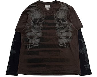 Destruction Skull Cross Wing Double Layer Grunge Cyber Y2K Style