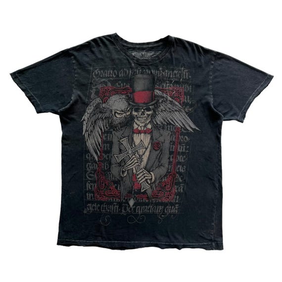 ✨USA製！Y2K！✨AFFLICTION Tシャツ M ダメージ加工 スカル Affliction T-shirt Cross All Over Print Graphic Cyber Y2K