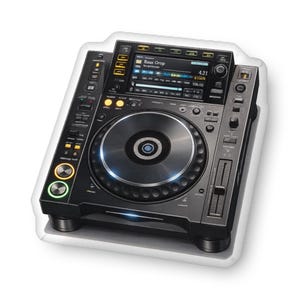 May include: A black DJ controller with a large central jog wheel and a digital display showing music information. The controller has various buttons, knobs, and sliders for mixing and manipulating audio. The text "Baas Orop" is visible on the display.