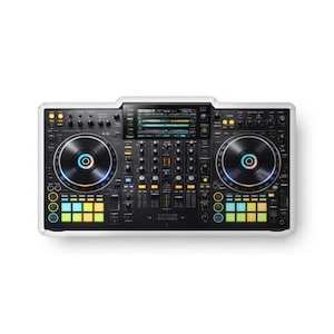 May include: A black and white DJ controller with two circular jog wheels and a central mixing panel. The controller features numerous buttons, knobs, and a display screen. The jog wheels have a blue and yellow gradient. The unit is set against a white background.